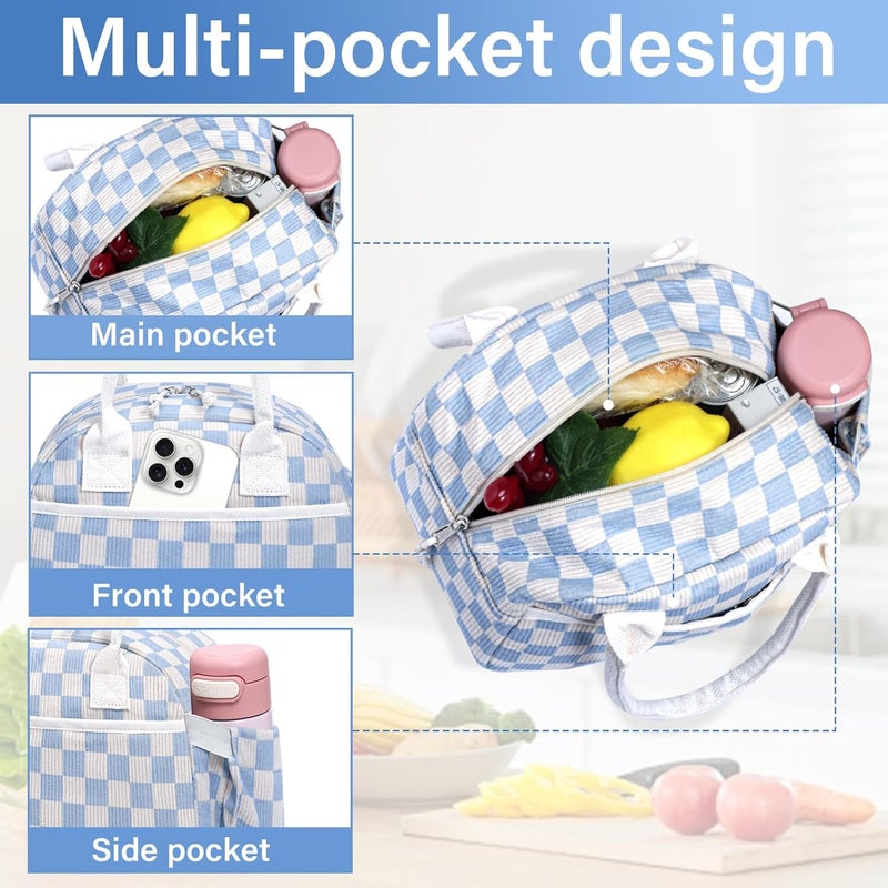 Carry bloom Lunch Box for Women, Insulated Lunch Bag Cute Corduroy Lunchbag Reusable Lunchbox for Work (checkered blue white) - Image 5